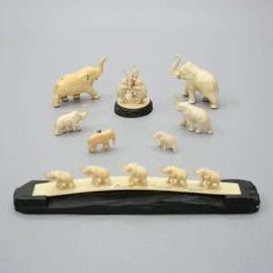 Vintage Lot of 8 Plastic? Elephants Figurine Sculptures Statues Figures Trunk-up